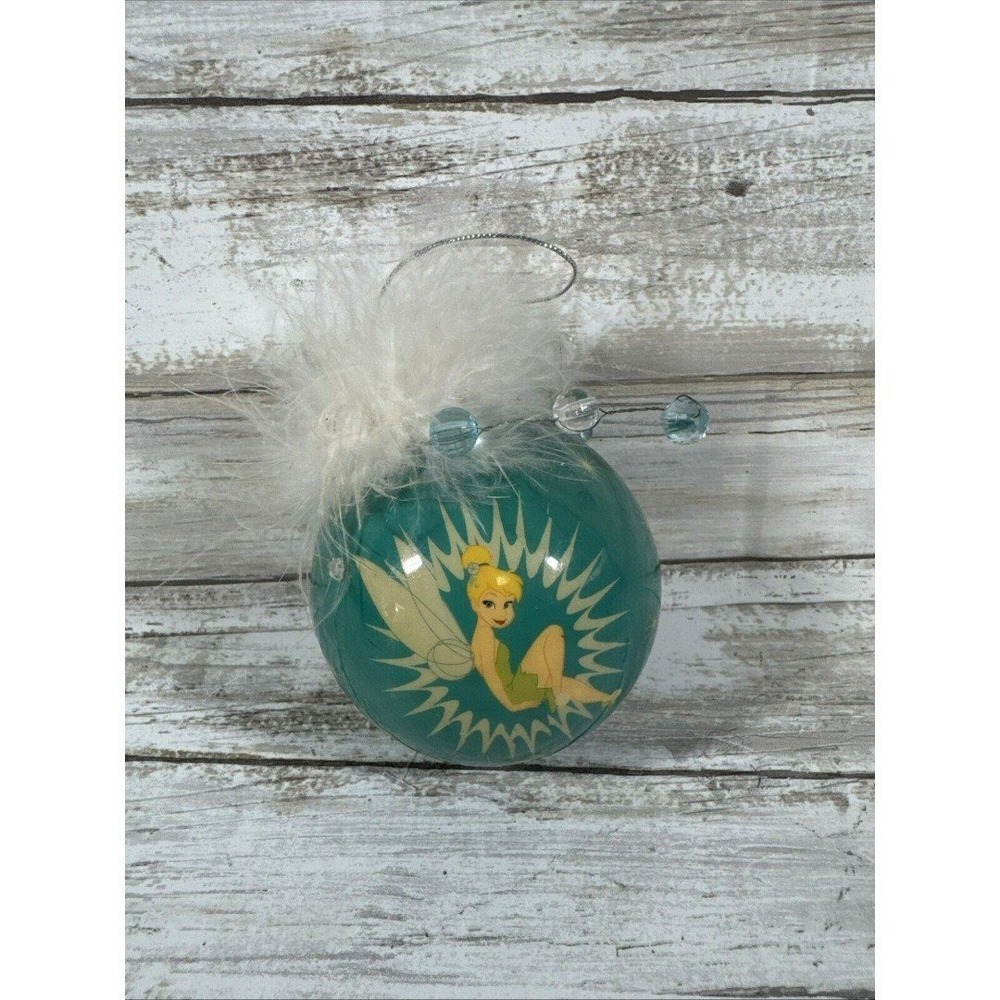 Tinkerbell‎ 3" Decoupage Round Ball Ornament, Blue Sparkle, Feathers, Disney EUC